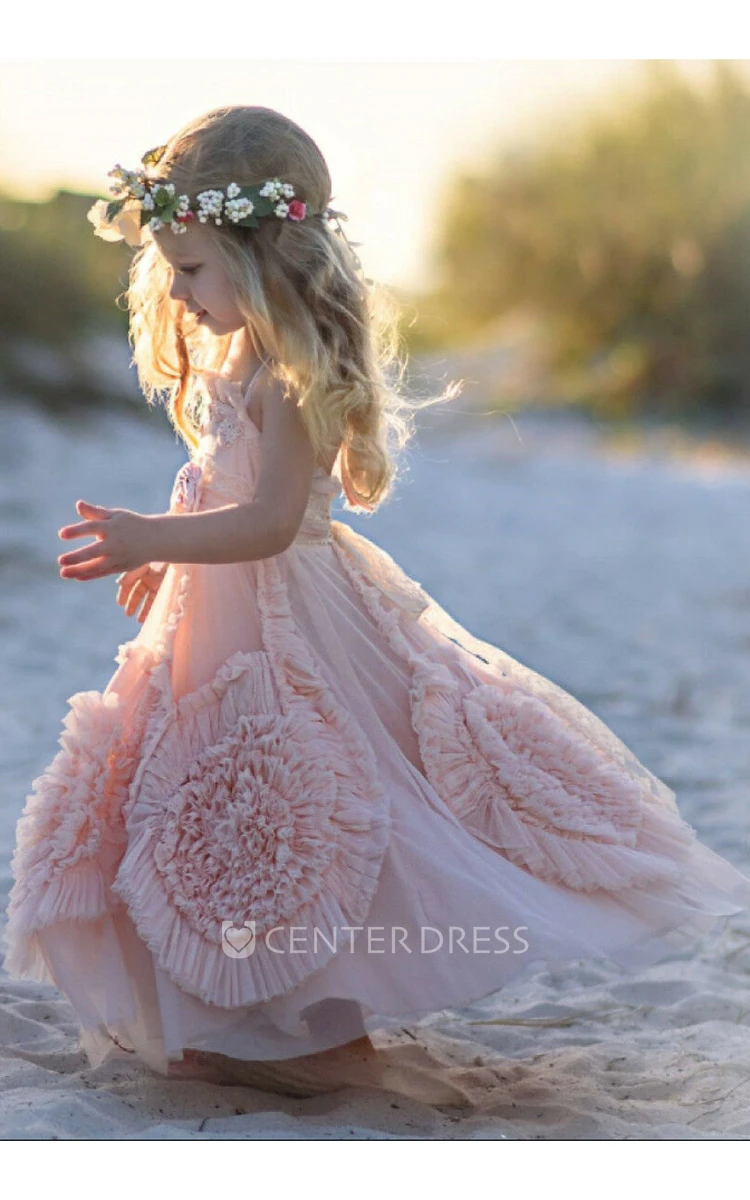 Dreaming Floor length Spaghetti Ball Gown Flower Girl Dress with Handmade Flowers