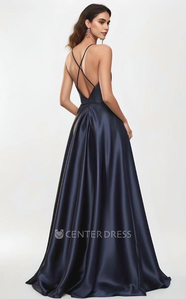 Satin V-neck Sleeveless A-line Wedding Dress Ethereal Beautiful Modern Floor-length