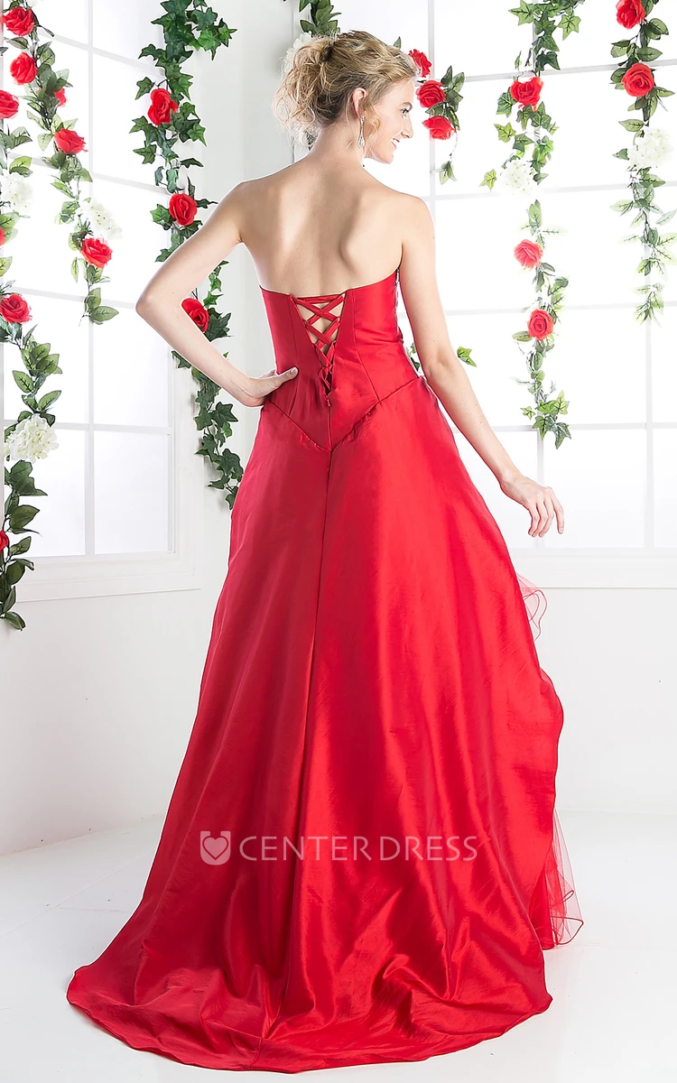 A-Line Sweetheart Sleeveless Tulle Satin Lace-Up Dress With Tiers And Flower