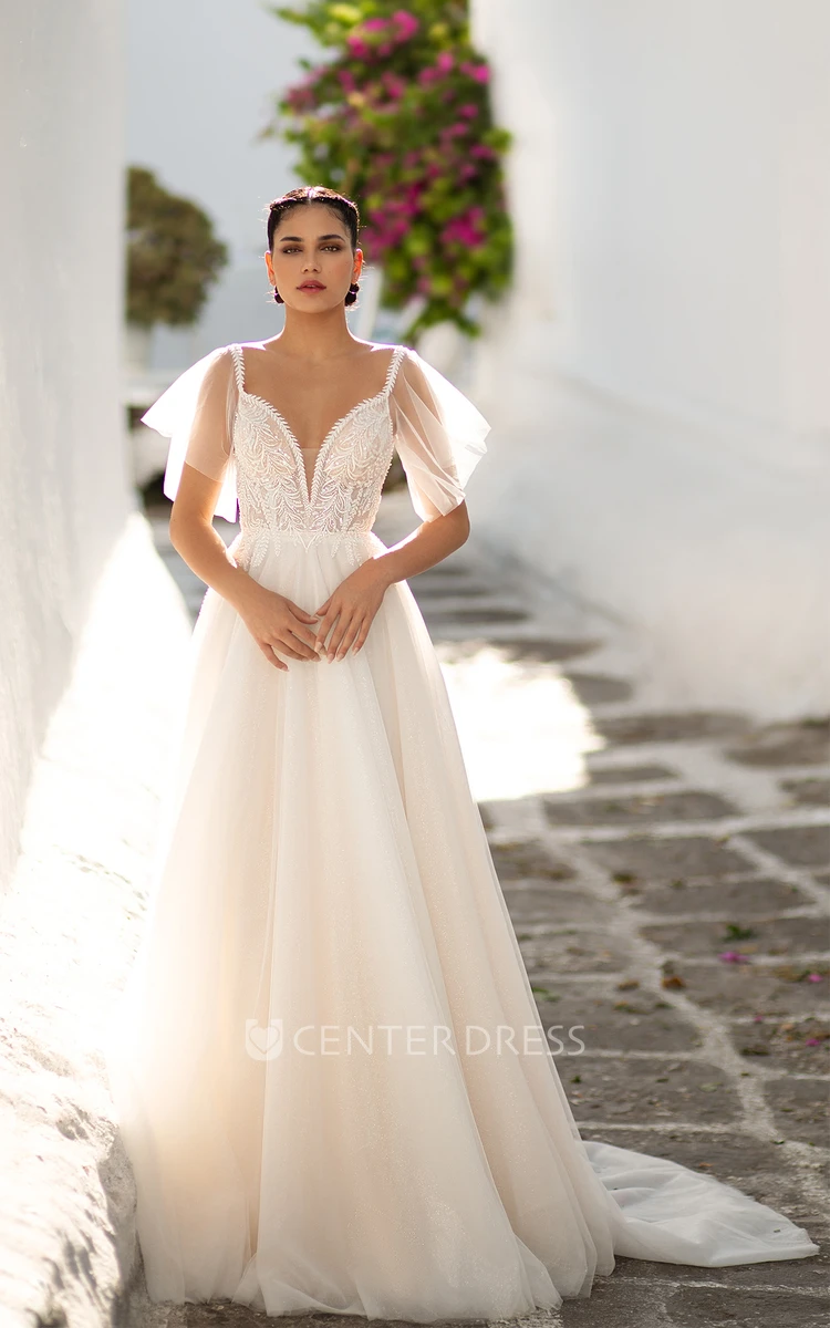 Plunging V-neck A-Line Floor Length Elegant Bride Dress with Cathedral Train Zipper Back