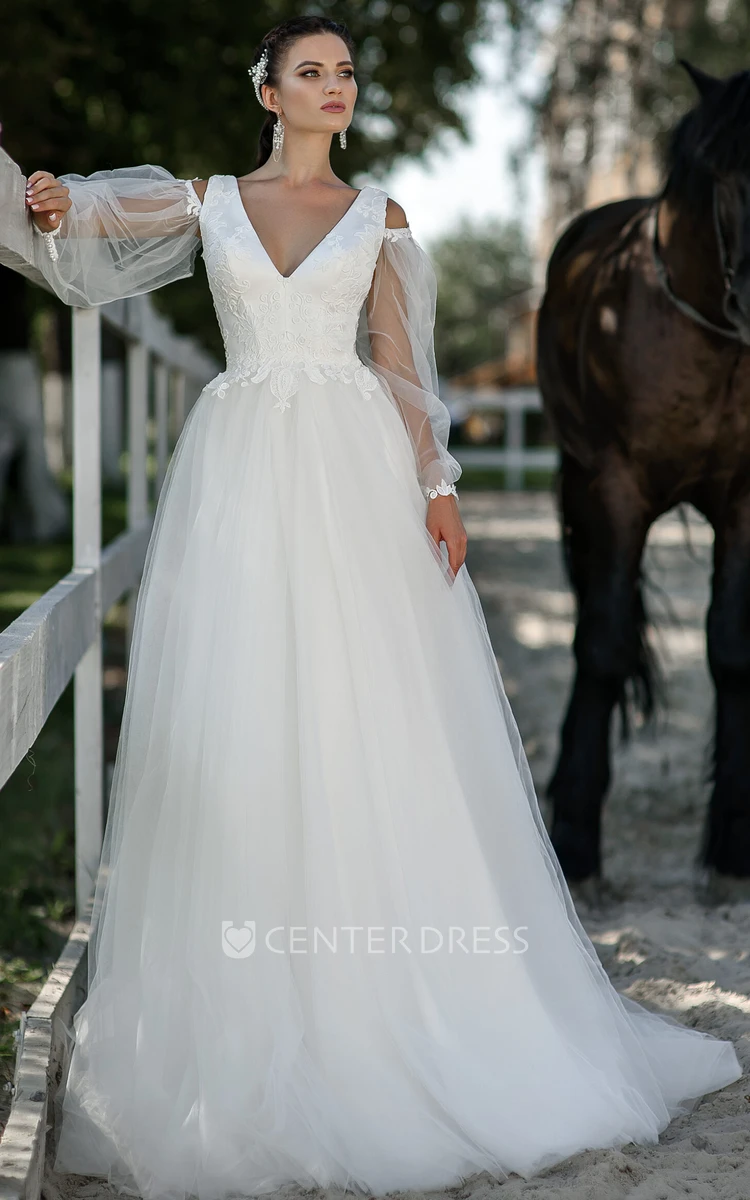 Ethereal A Line Tulle V-neck Floor-Length Long Sleeve Wedding Dress With Appliques