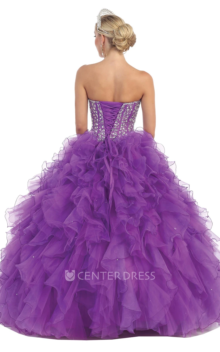 Ball Gown Long Sweetheart Sleeveless Organza Lace-Up Dress With Ruffles And Beading