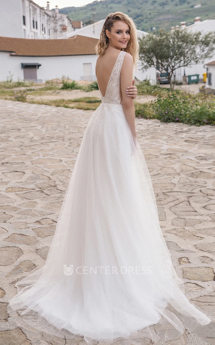 Simple Sleeveless A-Line Tulle Wedding Dress With V-neck And Deep-V Back
