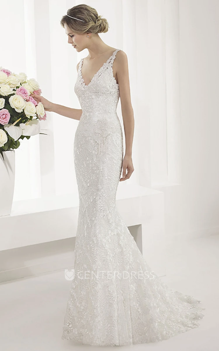 V Neck V Back Mermaid Bridal Gown With Allover Lace
