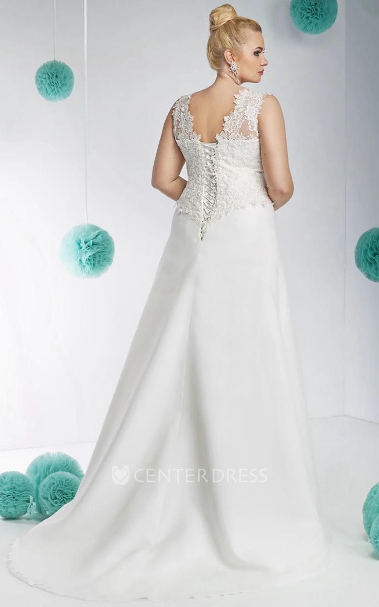 V-Neck Appliqued Floor-Length Sleeveless Lace&Satin Plus Size Wedding Dress