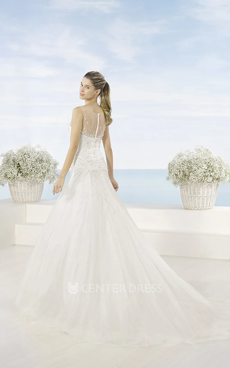 A-Line Beaded Sleeveless Bateau Floor-Length Tulle Wedding Dress With Pleats And Illusion Back