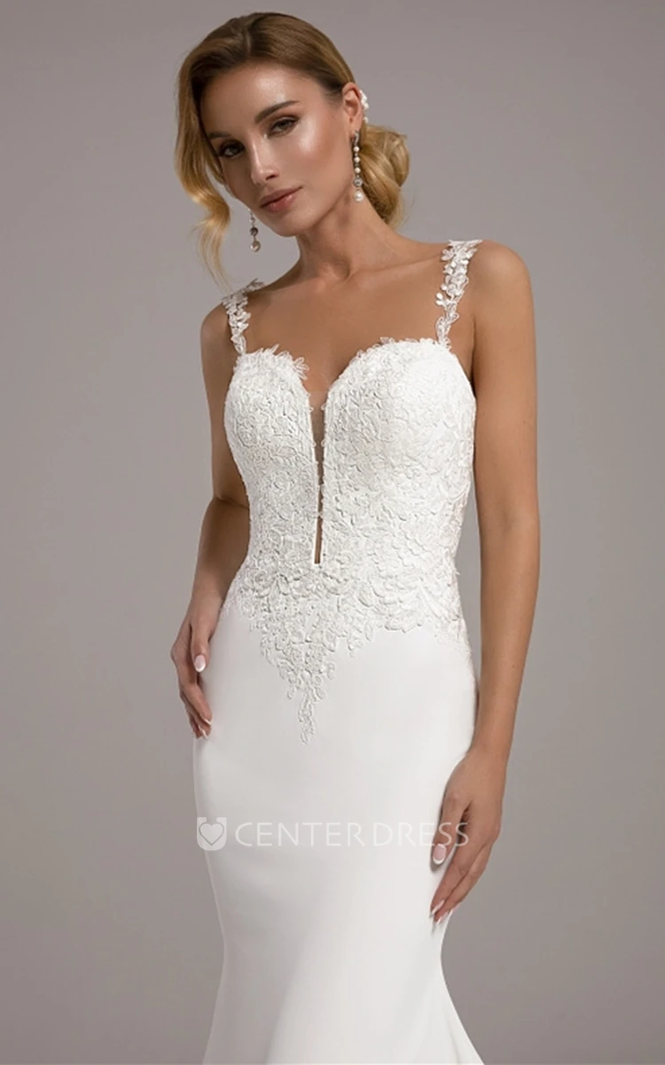 Simple Mermaid Satin Plunging Neck Court Train Wedding Dress with Appliques