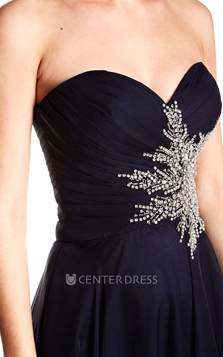 A-Line Crystal Sleeveless Floor-Length Sweetheart Chiffon Prom Dress With Backless Style And Draping