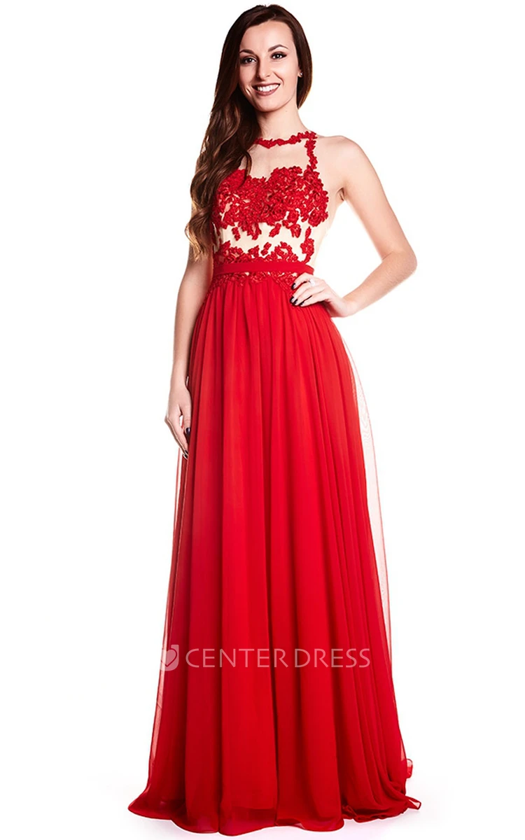High Neck Appliqued Sleeveless Chiffon Prom Dress With Illusion Back