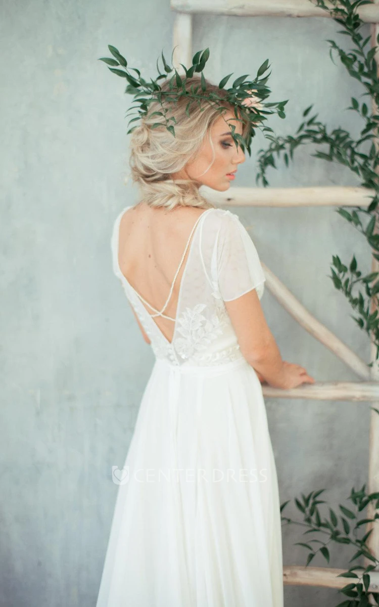 Jewel Neck Cap Sleeve A-Line Chiffon Wedding Dress With Beaded Bodice