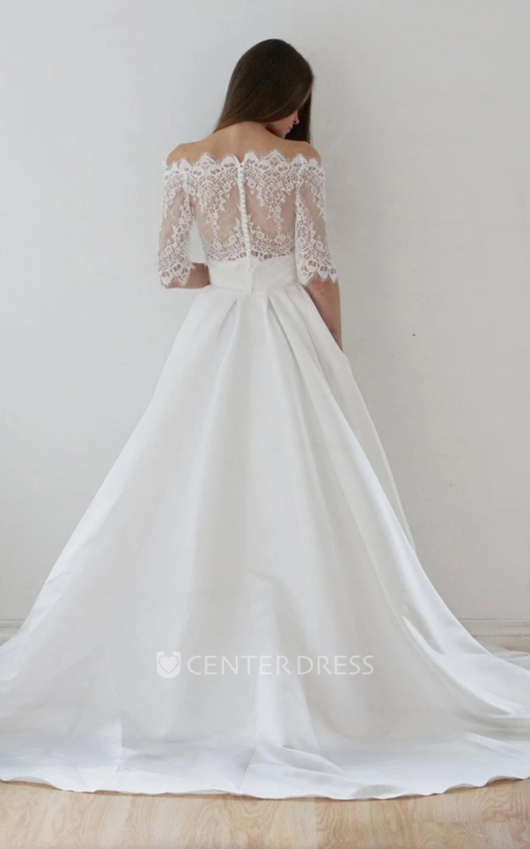 Off-The-Shoulder Lace A-Line Satin Two-Piece Spring Wedding Dress With Sweep Train