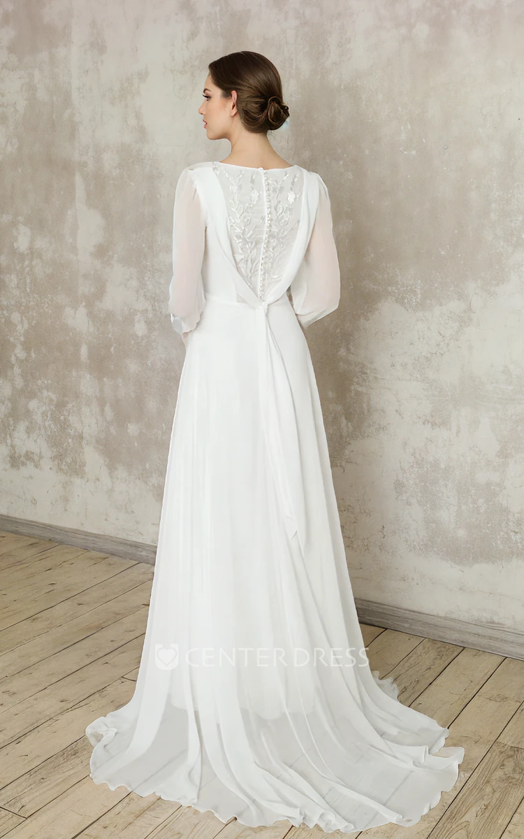 Vintage Elegant Square Neck A-Line Chiffon Wedding Dress Floor-length Long Sleeve Bridal Gown with Button Back Sweep Train