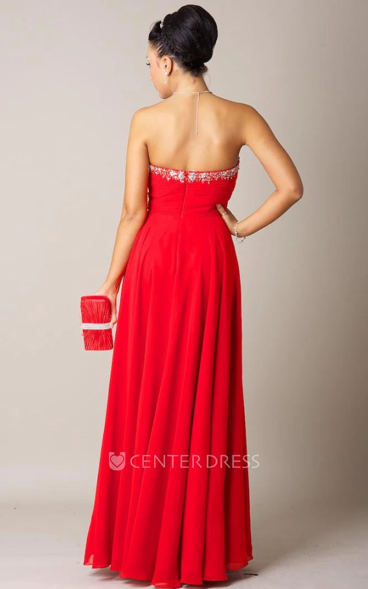 A-Line Ruched Floor-Length Sleeveless Sweetheart Chiffon Prom Dress With Beading And Draping