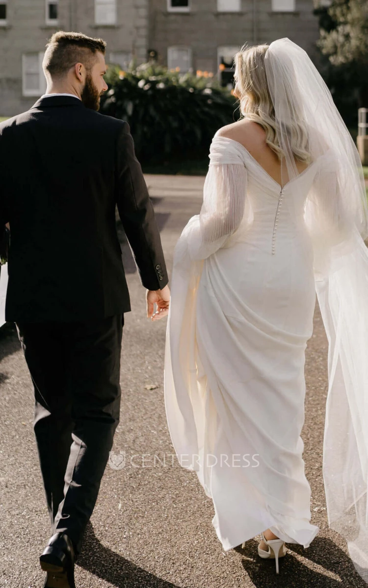 Stylish Sheath Chiffon Off-the-Shoulder Wedding Dress with Ruching Modern Wedding Dress