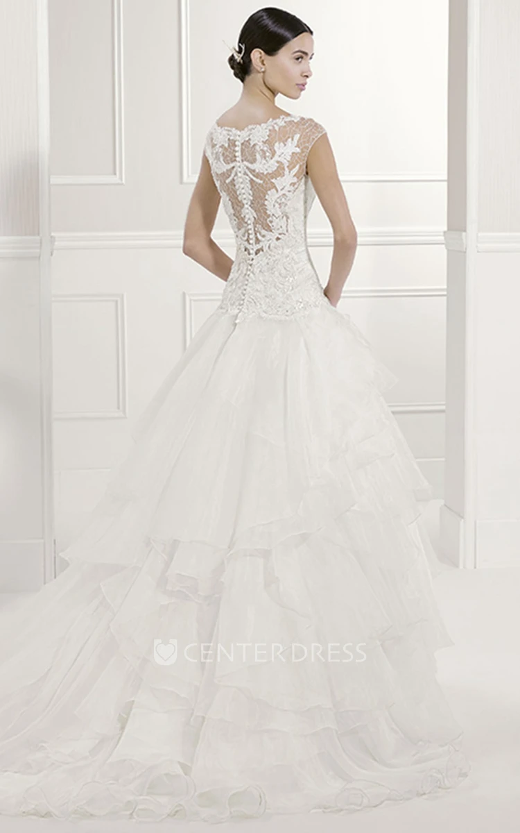Jewel Scoop Neck Cap Sleeve Layered Organza Bridal Gown With Lace