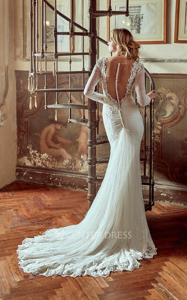 Long-Sleeve Lace Wedding Dress With Low-V Neck and Illusive Back