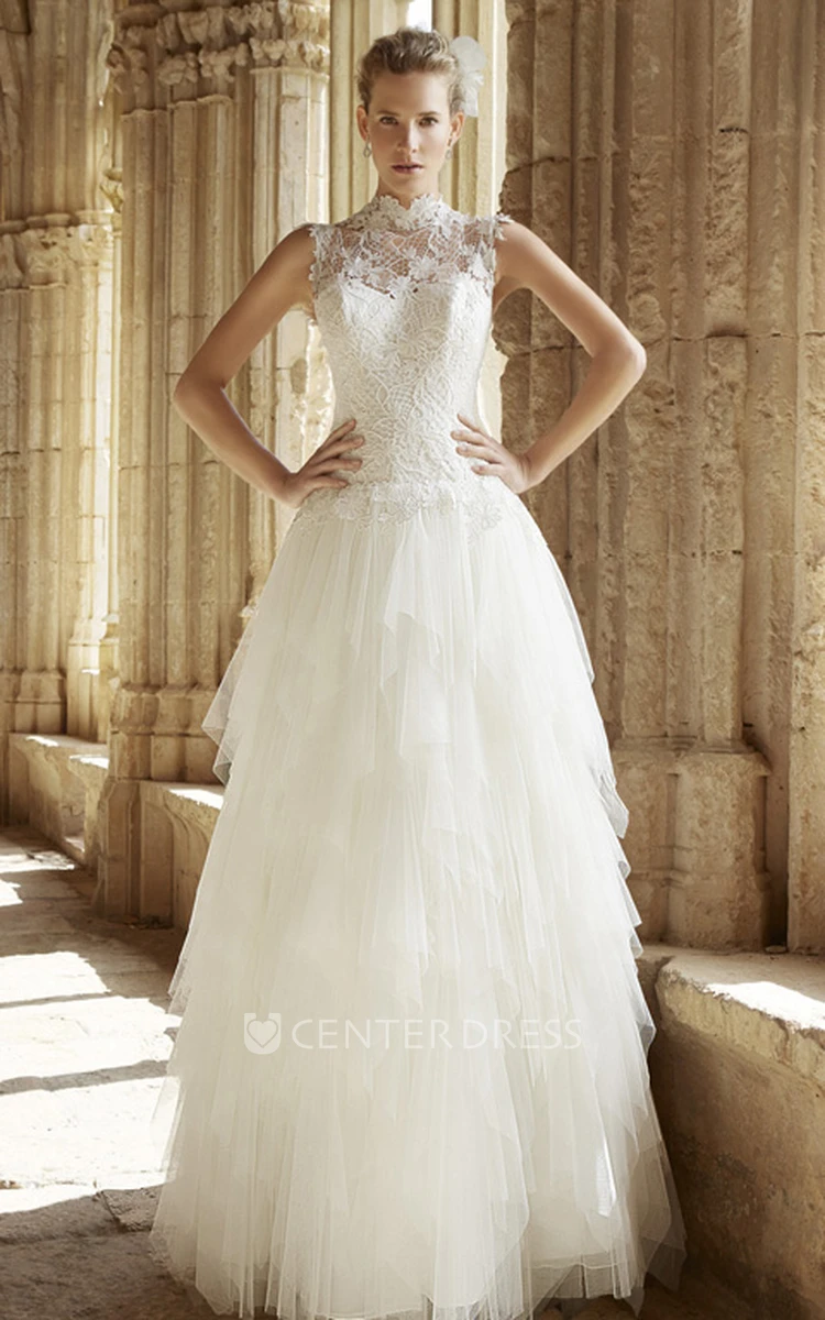 A-Line High Neck Sleeveless Cascading-Ruffle Long Tulle Wedding Dress With  Illusion Back And Appliques - UCenter Dress