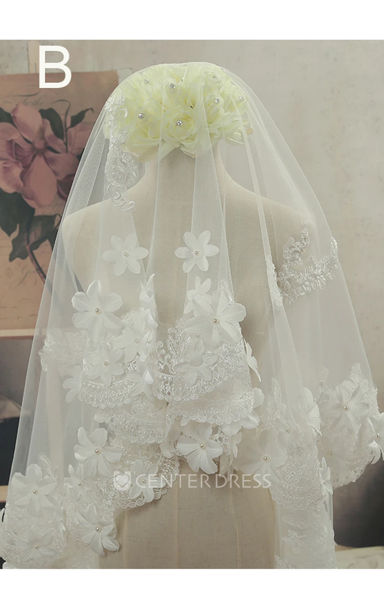 Simple Sweep Tulle Wedding Veil with Lace Edge and Flowers
