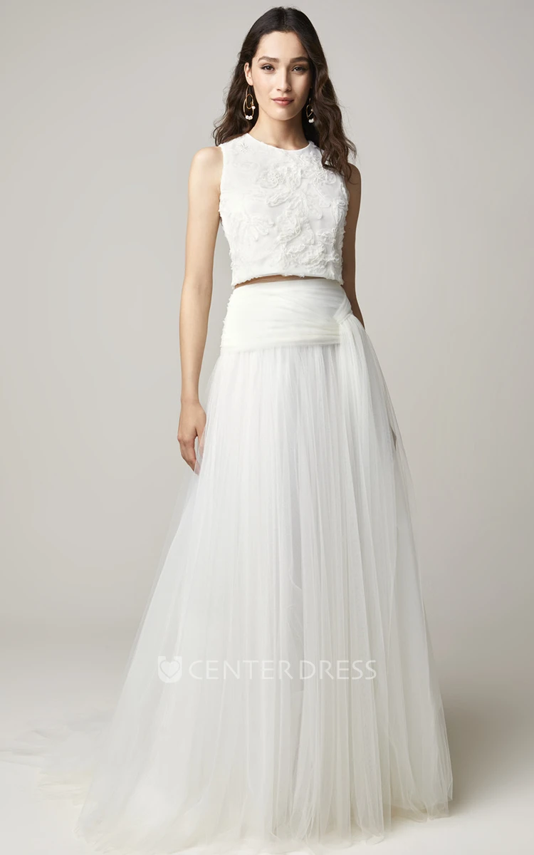Bohemian Two Piece Bateau Neck Tulle Wedding Gown with Sash