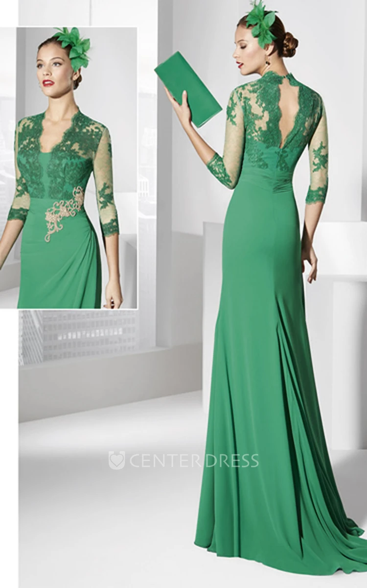 Sheath V-Neck Floor-Length Appliqued Half-Sleeve Jersey Prom Dress
