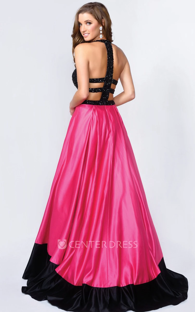 Muti-Color A-Line Jewel-Neck Sleeveless Satin Dress With Beading