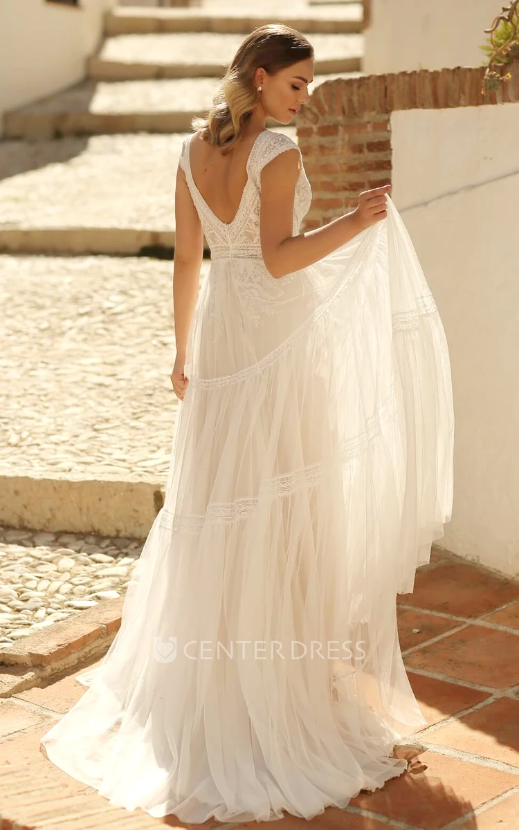 Bohemian A-Line Wedding Dress Lace Sleeveless Brush Train V-neck with Sexy Low-V Back