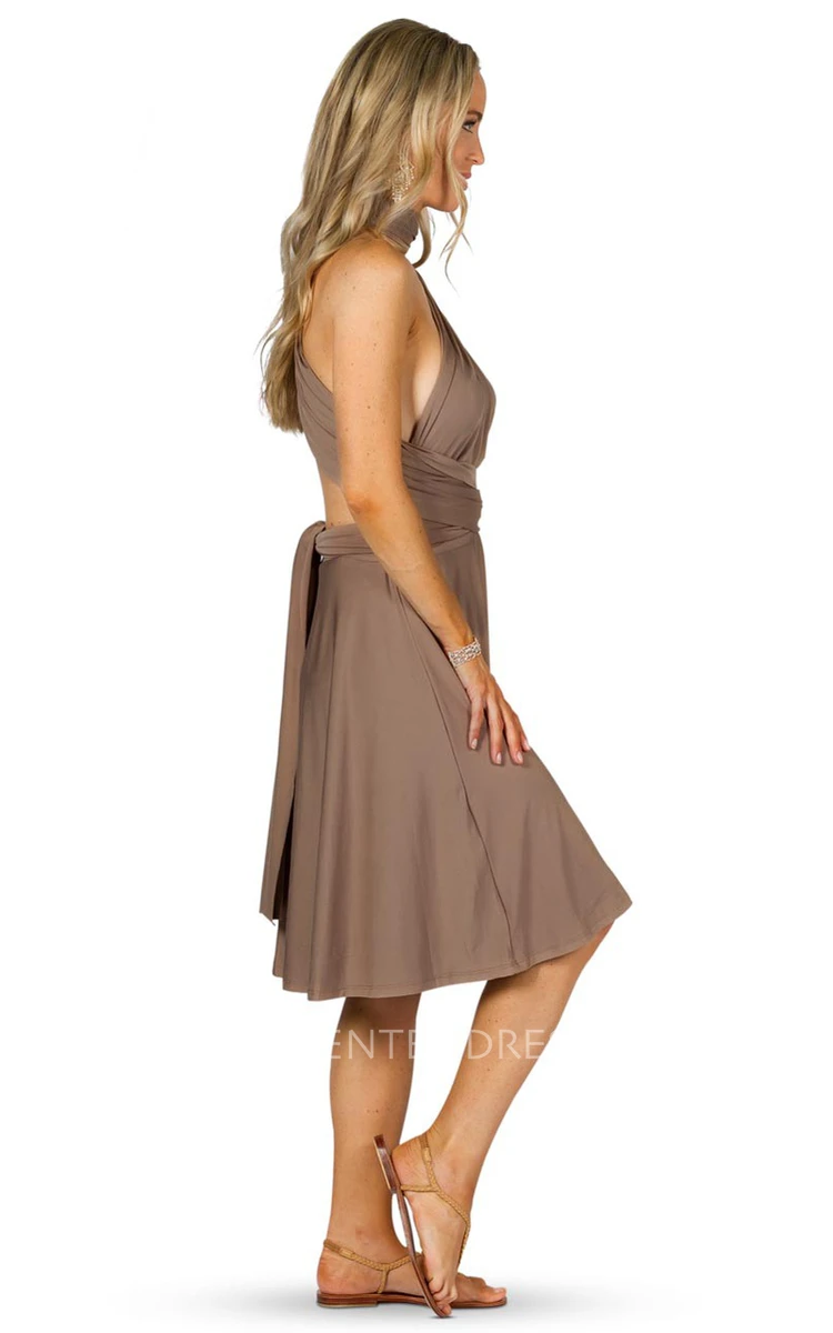 Knee-Length Ruched Sleeveless Halter Chiffon Convertible Bridesmaid Dress With Straps