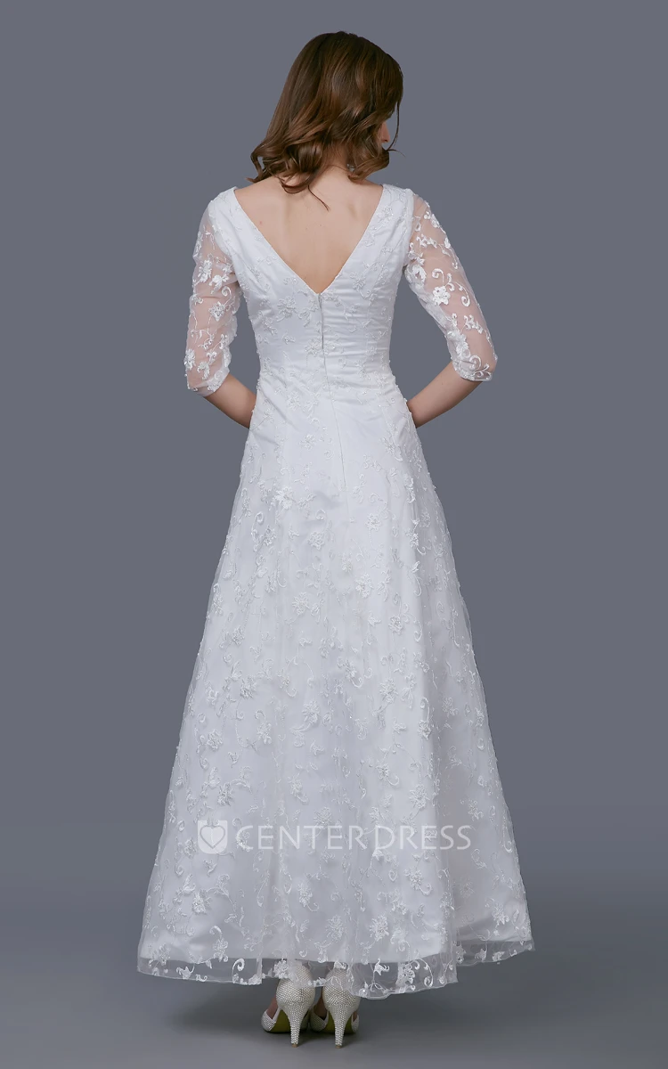 Stunning V-neckline Tea Length Gown With Illusion Sleeve and Embroidery