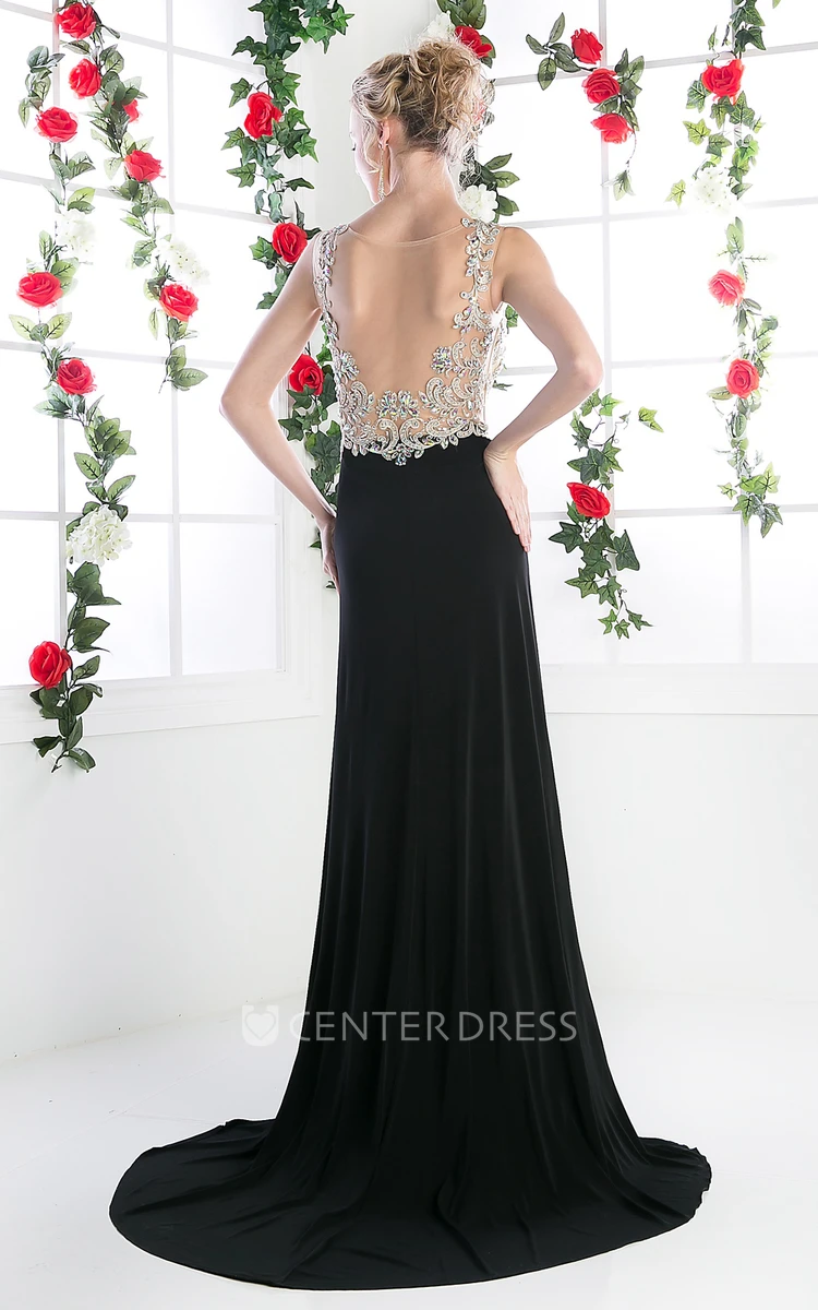 A-Line Long Scoop-Neck Sleeveless Jersey Court Train Illusion Dress With Beading