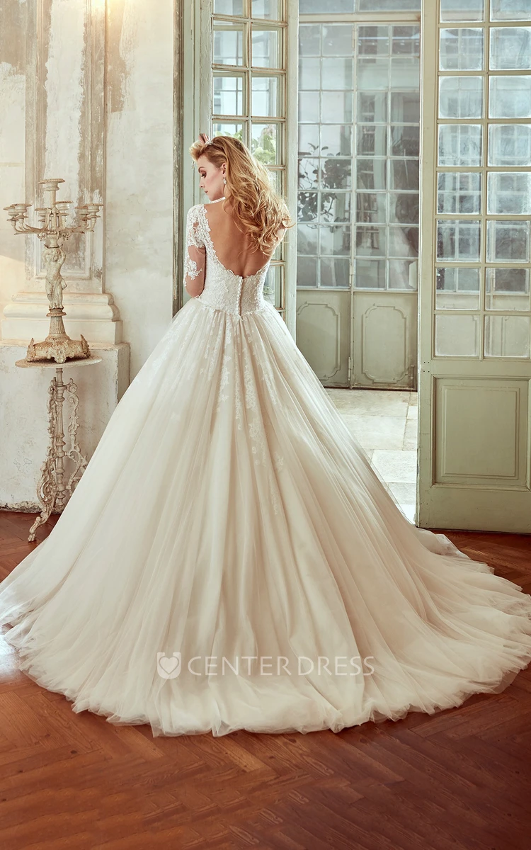 Long-Sleeve V-Neck Wedding Dress With Pleated Skirt And Open Back
