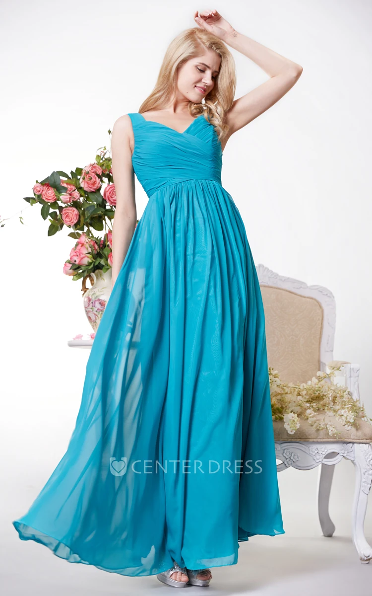 Graceful V-neck Chiffon Bridesmaid Gown With Squared Back and Ruching