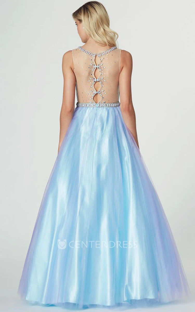 A-Line Maxi High Neck Sleeveless Ruched Tulle Prom Dress