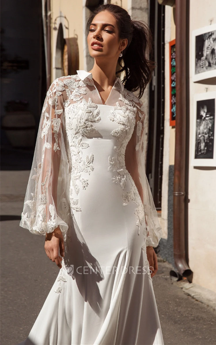 Modern Mermaid Satin and Tulle Notched Wedding Dress with Appliques