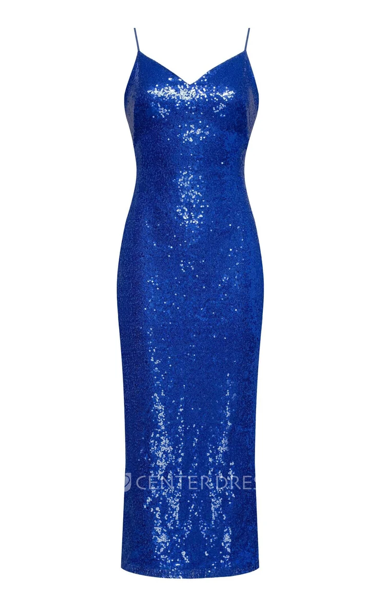 Spaghetti Royal Blue Sequins Pencil Casual Cocktail Dress Sleeveless With Open Back