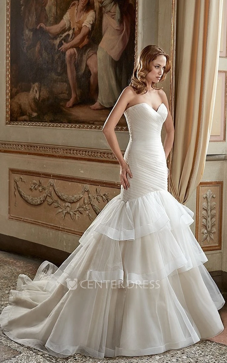 Mermaid Sweetheart Tiered Tulle Wedding Dress With Criss Cross