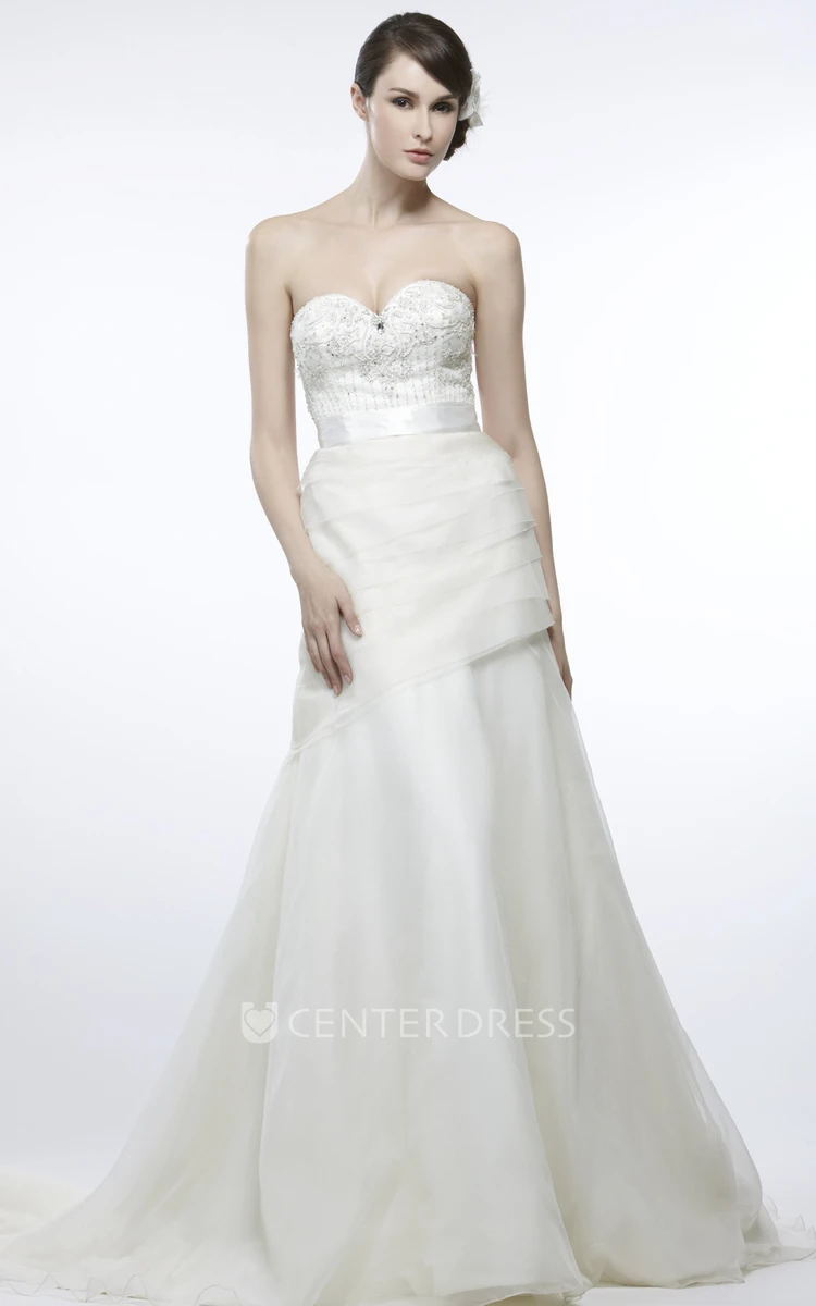 A-Line Sweetheart Sleeveless Beaded Tulle Wedding Dress