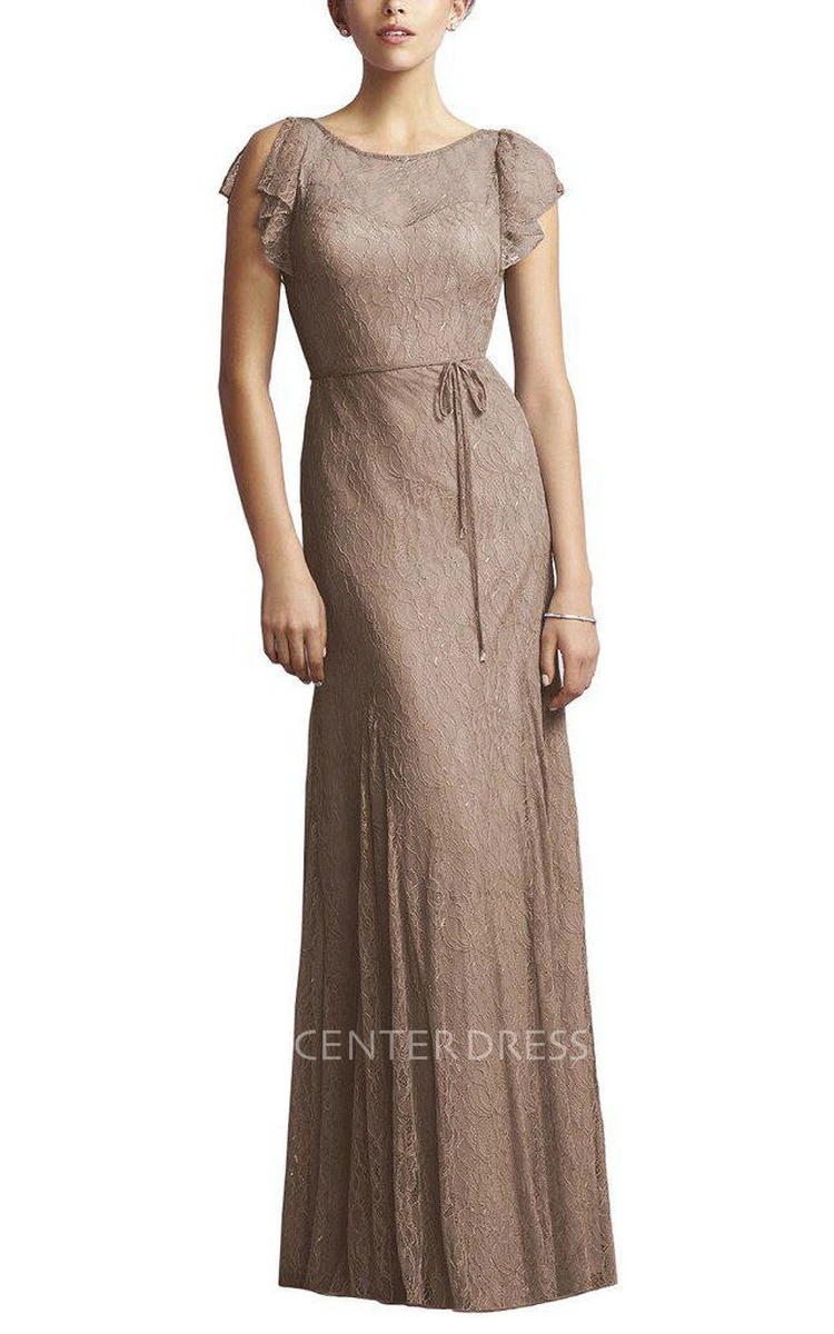 Cap Sleeve Sheath Lace Floor-length Bridesmaid Dress with Sash