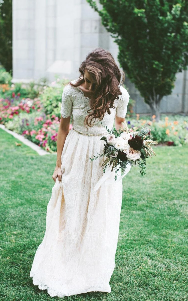 A Line Jewel Lace Zipper Wedding Gown