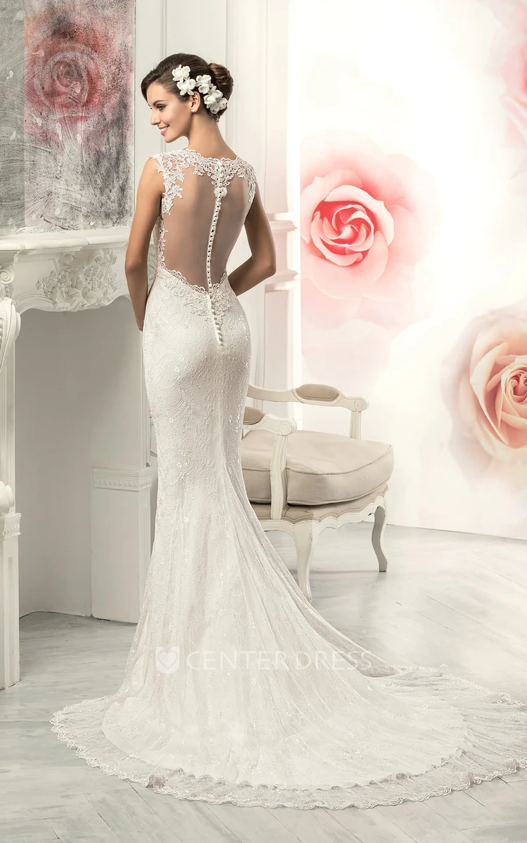 Mermaid Long Jewel Sleeveless Illusion Lace Dress With Appliques And Pleats