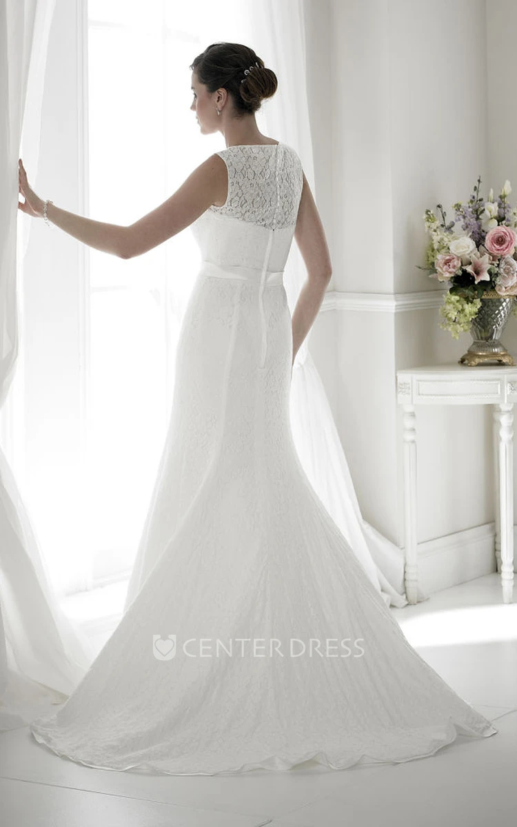 Trumpet Scoop Floor-Length Jeweled Sleeveless Lace Wedding Dress With Illusion Back And Watteau Train