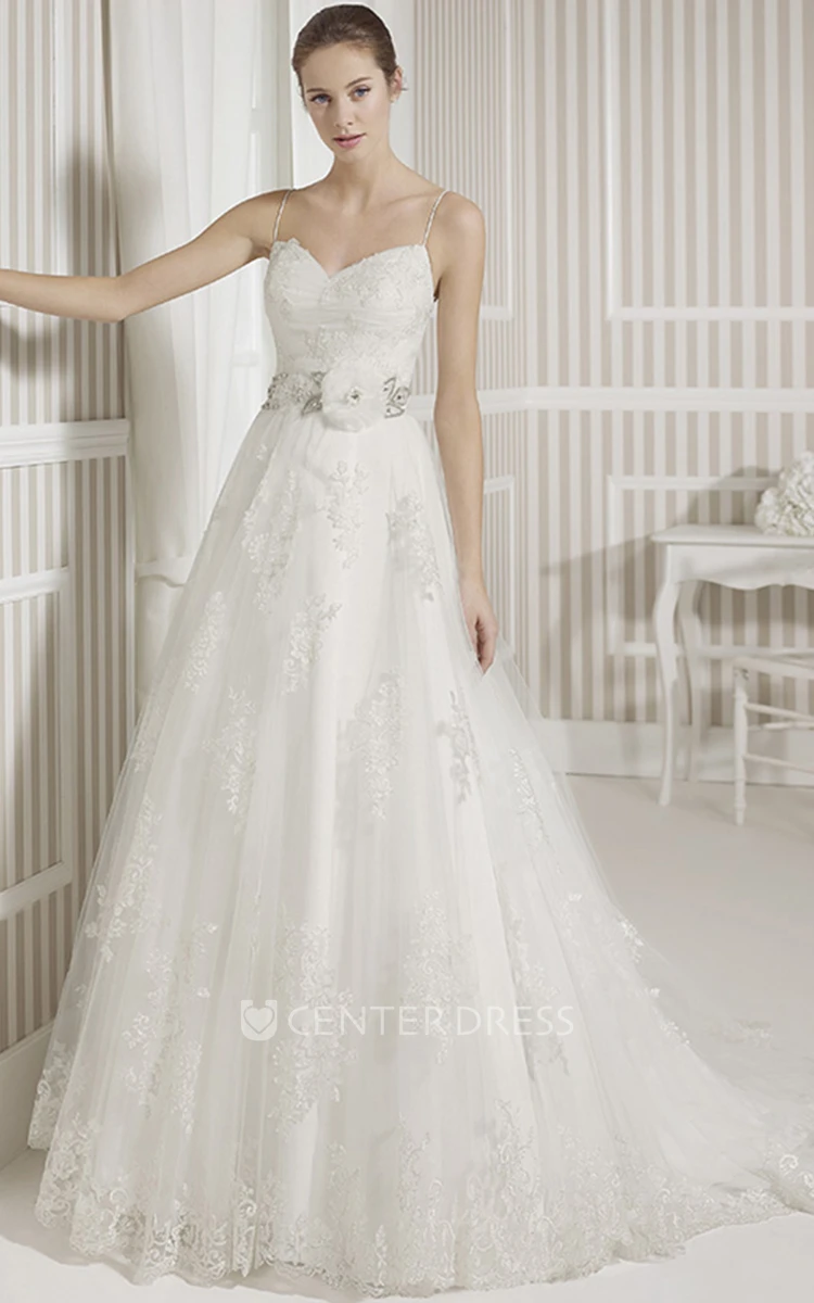 A-Line Spaghetti Appliqued Lace Wedding Dress With Flower And Court Train