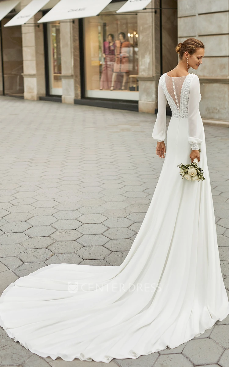 A-Line Chiffon Long Sleeve Button Back Country Wedding Dress Elegant Women's Wedding Dress