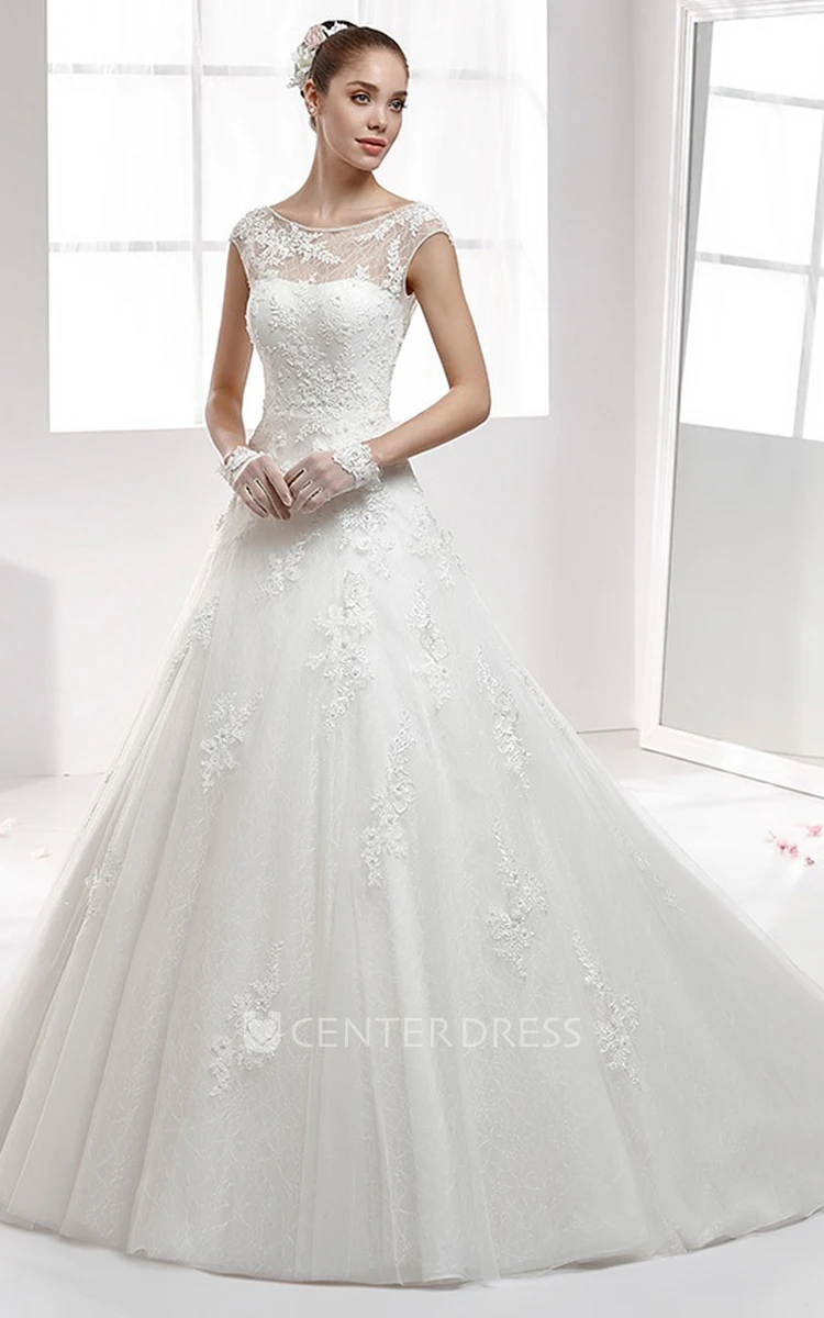 Jewel-Neck A-Line Gown With Cap Sleeve And Backless Design