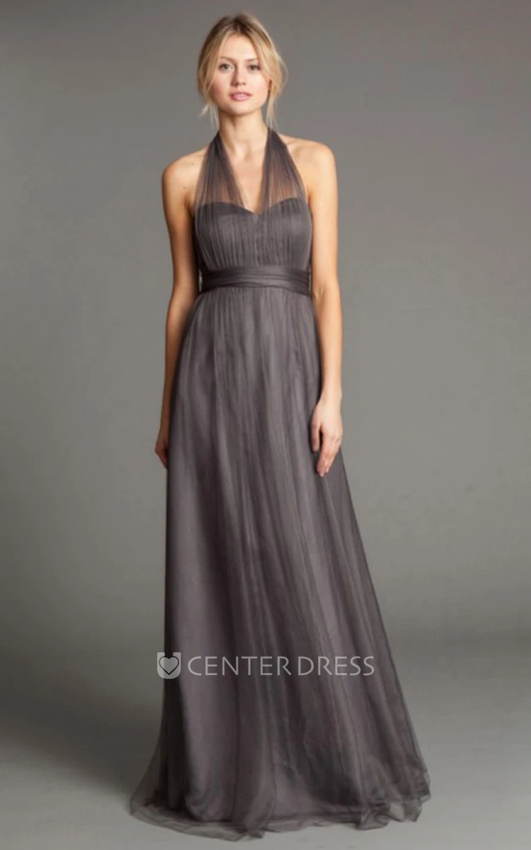 A-Line Sleeveless Maxi Sweetheart Ruched Tulle Bridesmaid Dress
