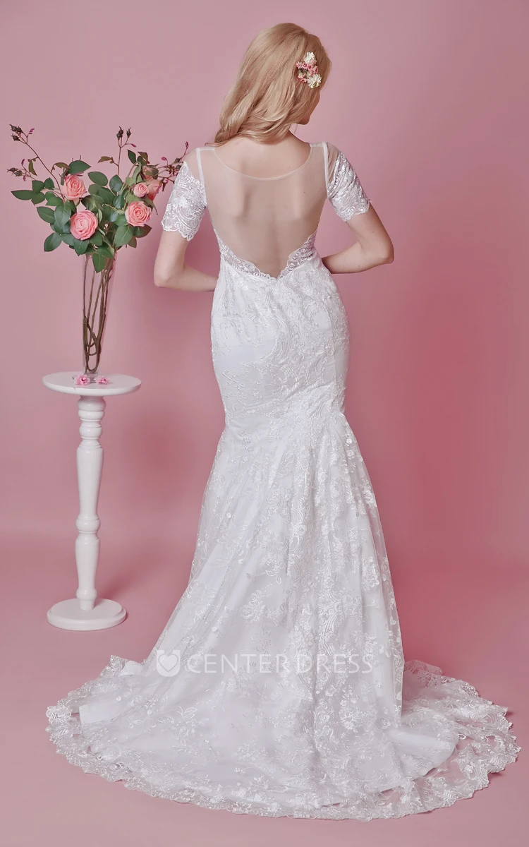 Modest Short Sleeve Lace Trumpet Wedding Dress With Illusion Back