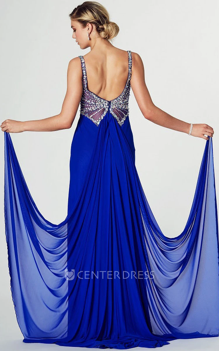 A-Line Sleeveless Floor-Length Jeweled Spaghetti Chiffon Prom Dress With Low-V Back And Draping