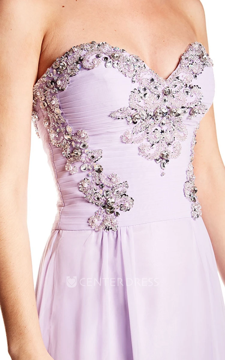 Sleeveless Ruched Sweetheart Chiffon Prom Dress With Beading And Lace-Up