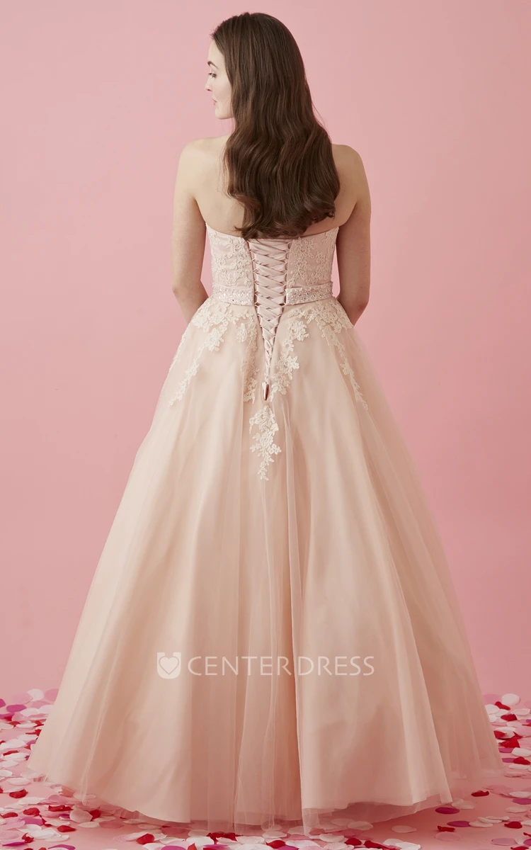 Ball Gown Maxi Sweetheart Sleeveless Tulle Corset Back Dress With Appliques
