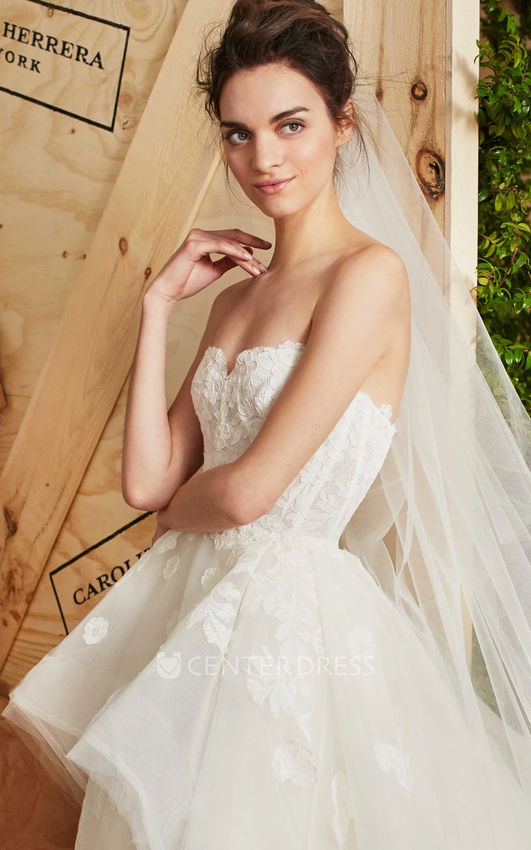 A-Line Sleeveless Long Appliqued Strapless Tulle Wedding Dress