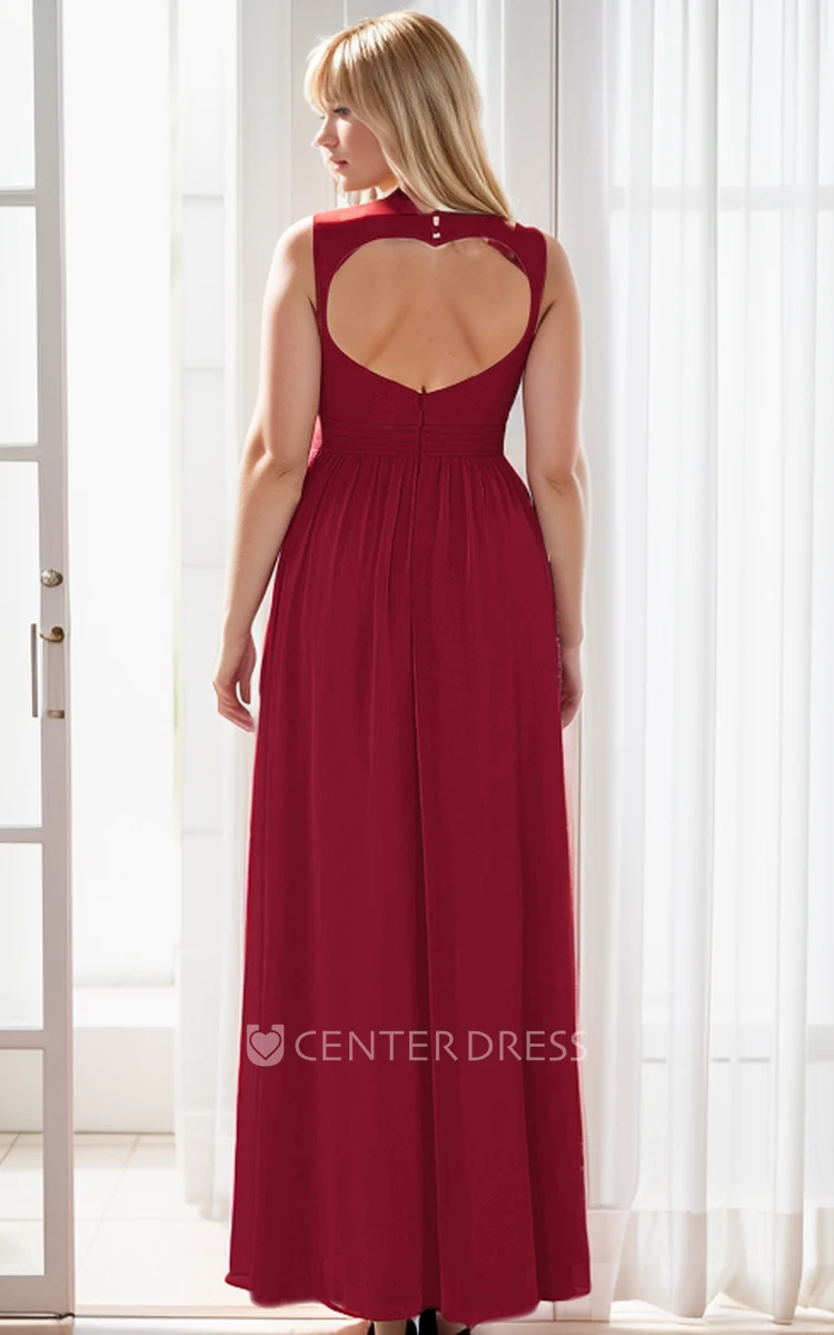 Chiffon Burgundy A-Line Plus Size Ruched Open Back Maxi Dress with Pocket Simple Floor Length Chiffon Bridesmaid Dress